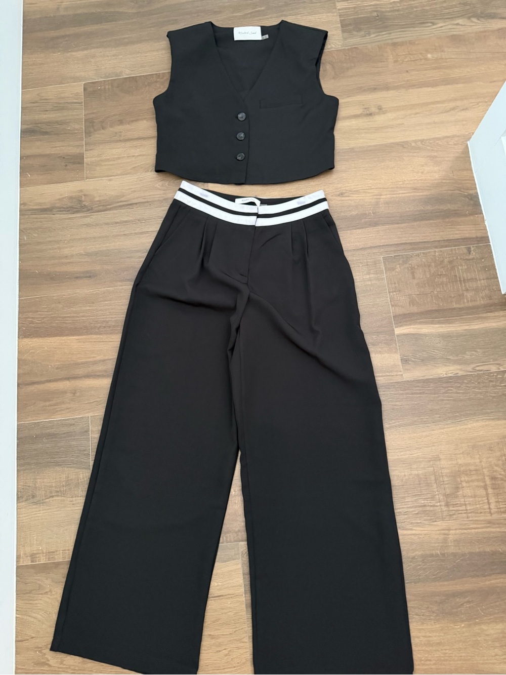 Mustard Seed Black Wide-Leg Pants with White Striped Waistband